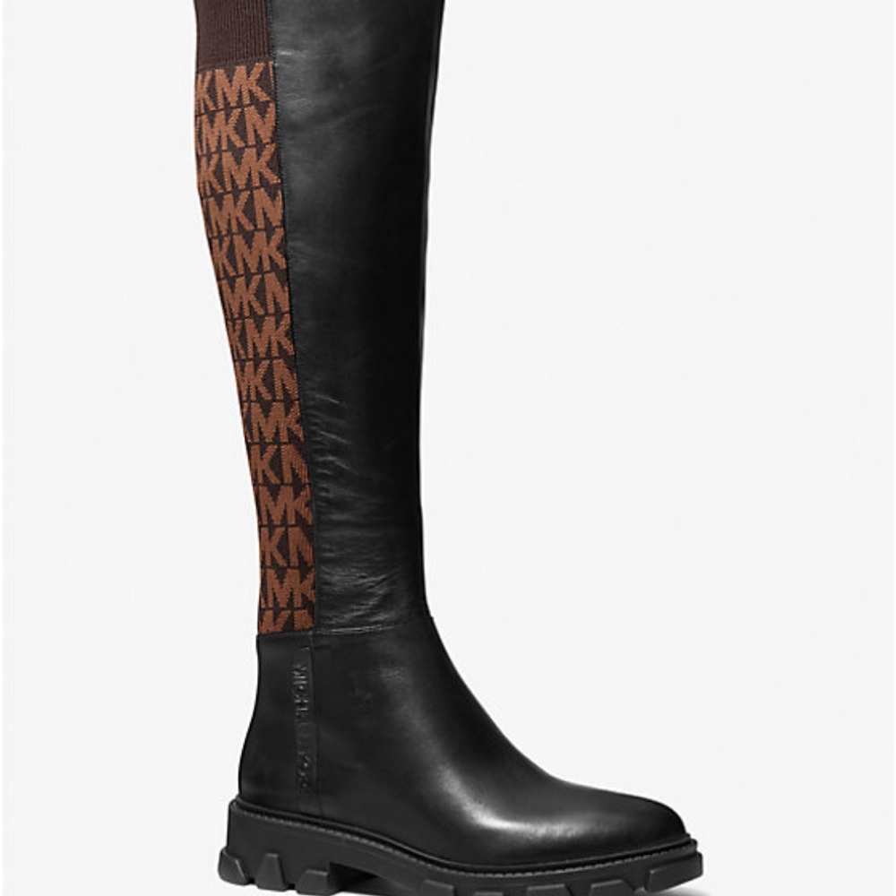 MICHAEL Michael Kors Ridley Leather and Logo Jacquard Knee Boot SIZE 10M